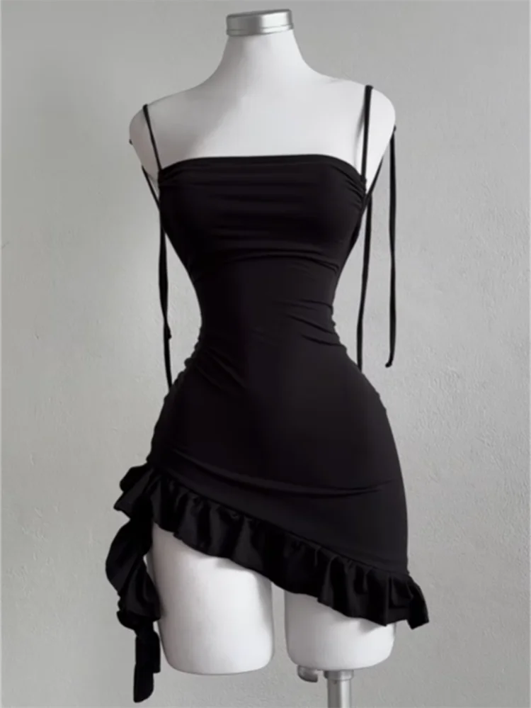 Black Backless Ruffles Mini Dress