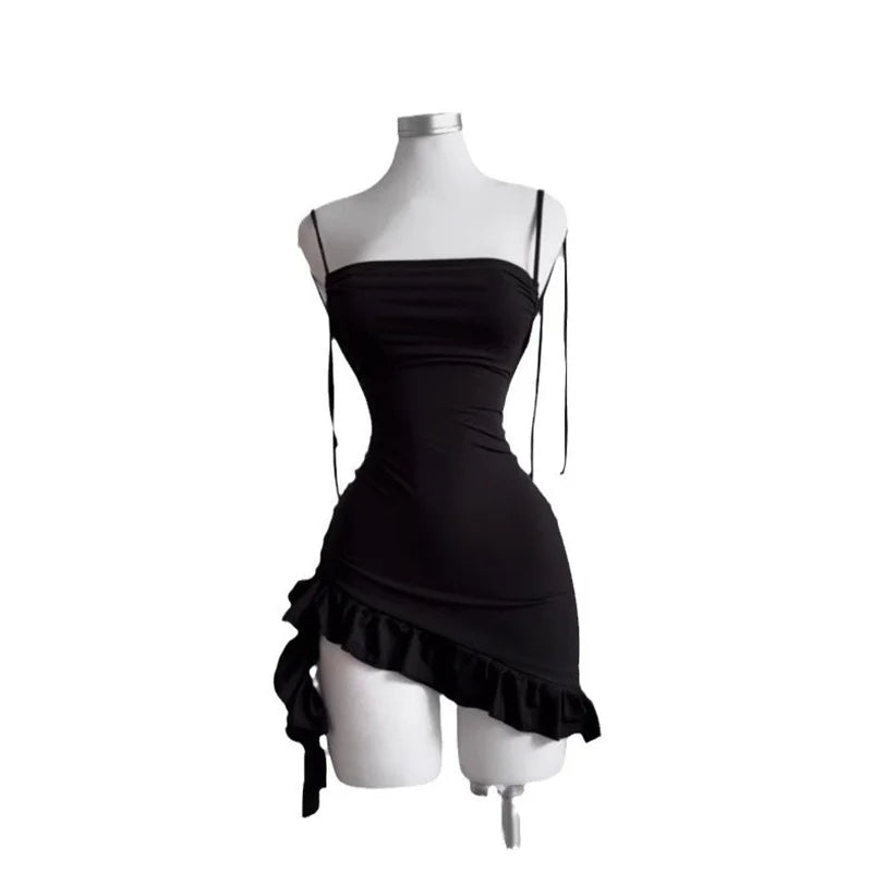 Black Backless Ruffles Mini Dress
