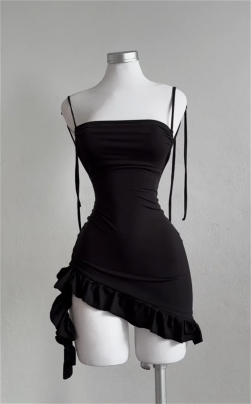 Black Backless Ruffles Mini Dress