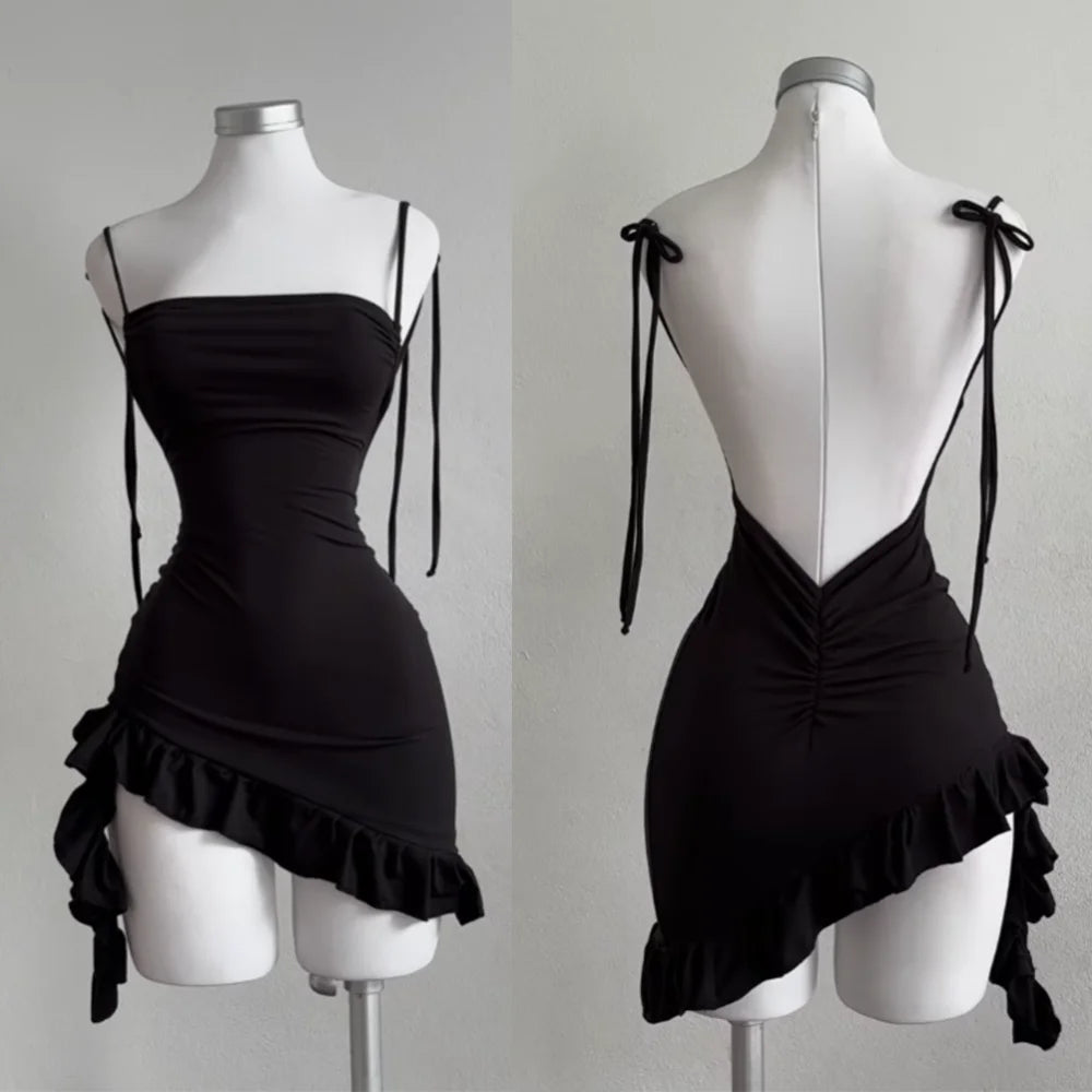 Black Backless Ruffles Mini Dress